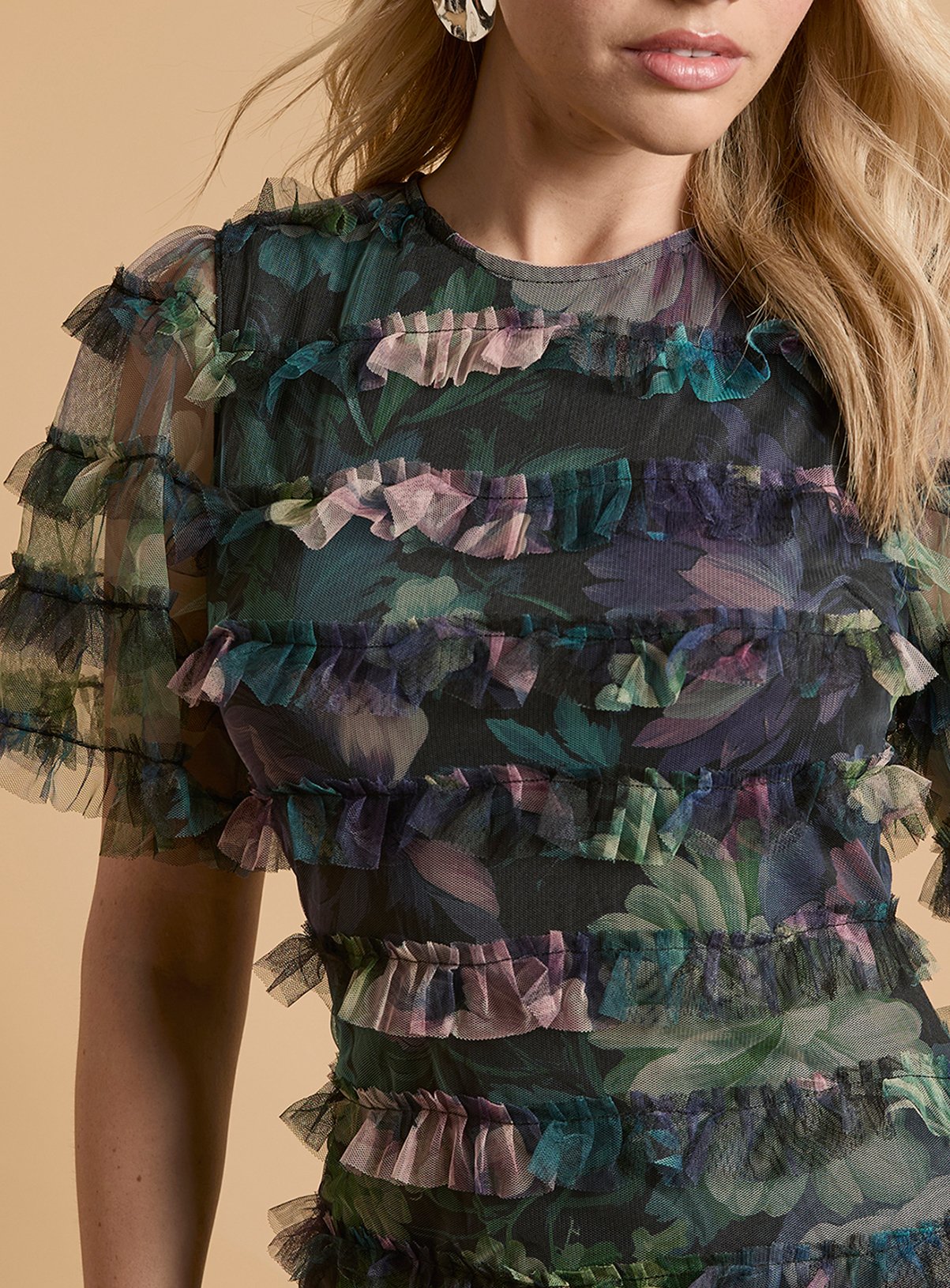 OASIS Floral Print Ruffle Mesh Maxi Dress 16 - Image 2 thumbnail